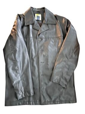 Men's Gray Faux Leather Trench Coat - Classic Button Front